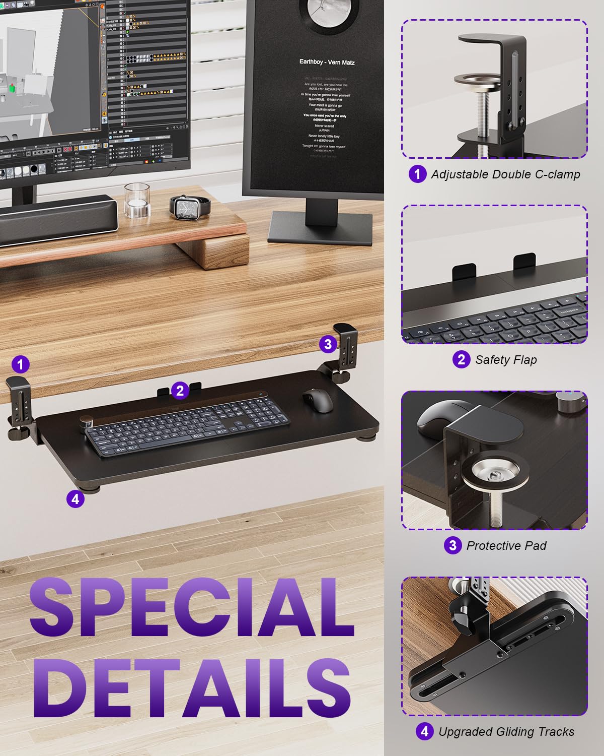 Zontera Ergonomic Mouse & Keyboard Tray Under Desk, Pull Out with Adjustable C-clamp, 20 x 11.8 Inch Slide Out Computer Keyboard Drawer Mouse Tray for Typing, Black