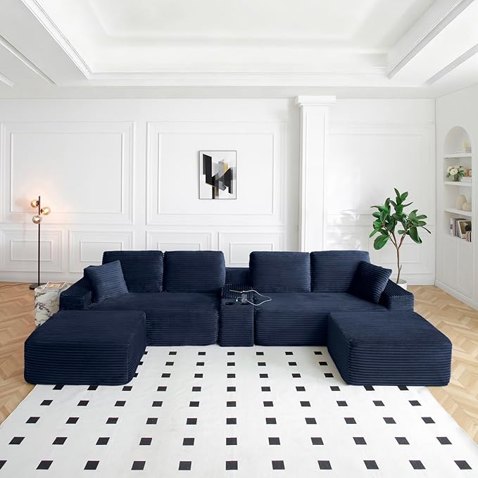 150" Oversized Modular Sectional Sofa,Deep Seat Cloud Corduroy Boneless Couch with Cup Holders,USB Ports, Wireless Charging & Storage Box,Upholstered Modular Sleeper Sofa for Living Room (Blue)