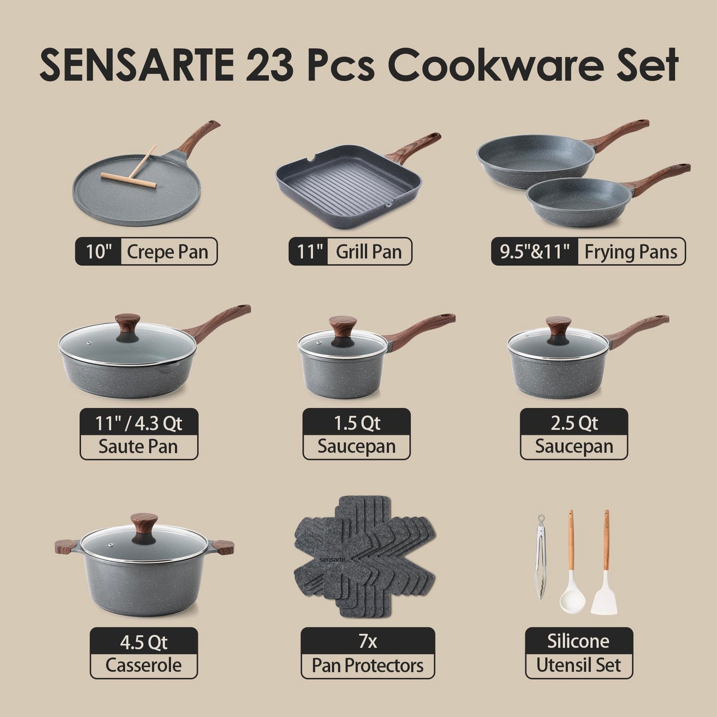SENSARTE Nonstick Granite Cookware Set, 23 PCS Pots and Pans Non Toxic, PFOA & PFOS Free, Healthy Non Stick Granite Stone Coating Kitchen Cooking Set with Stay-Cool Handles, Gray