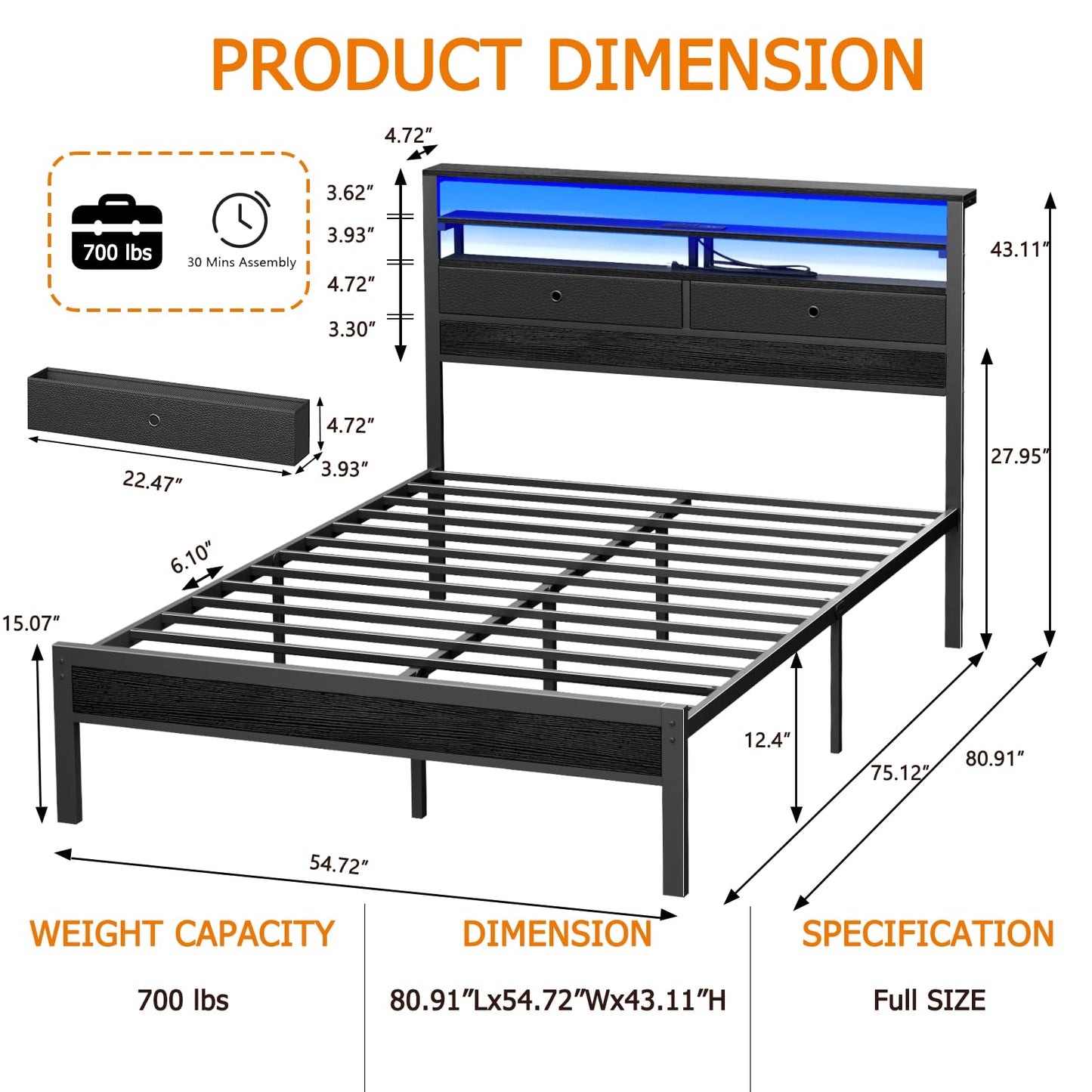 Furnulem Full Size Bed Frame with Headboard & 2 Fabric Drawers, Full Platform Bed Featuring LED Lights, Built-in Charging Station & Storage Shelves, Metal Slats, No Box Spring Needed – Black Oak