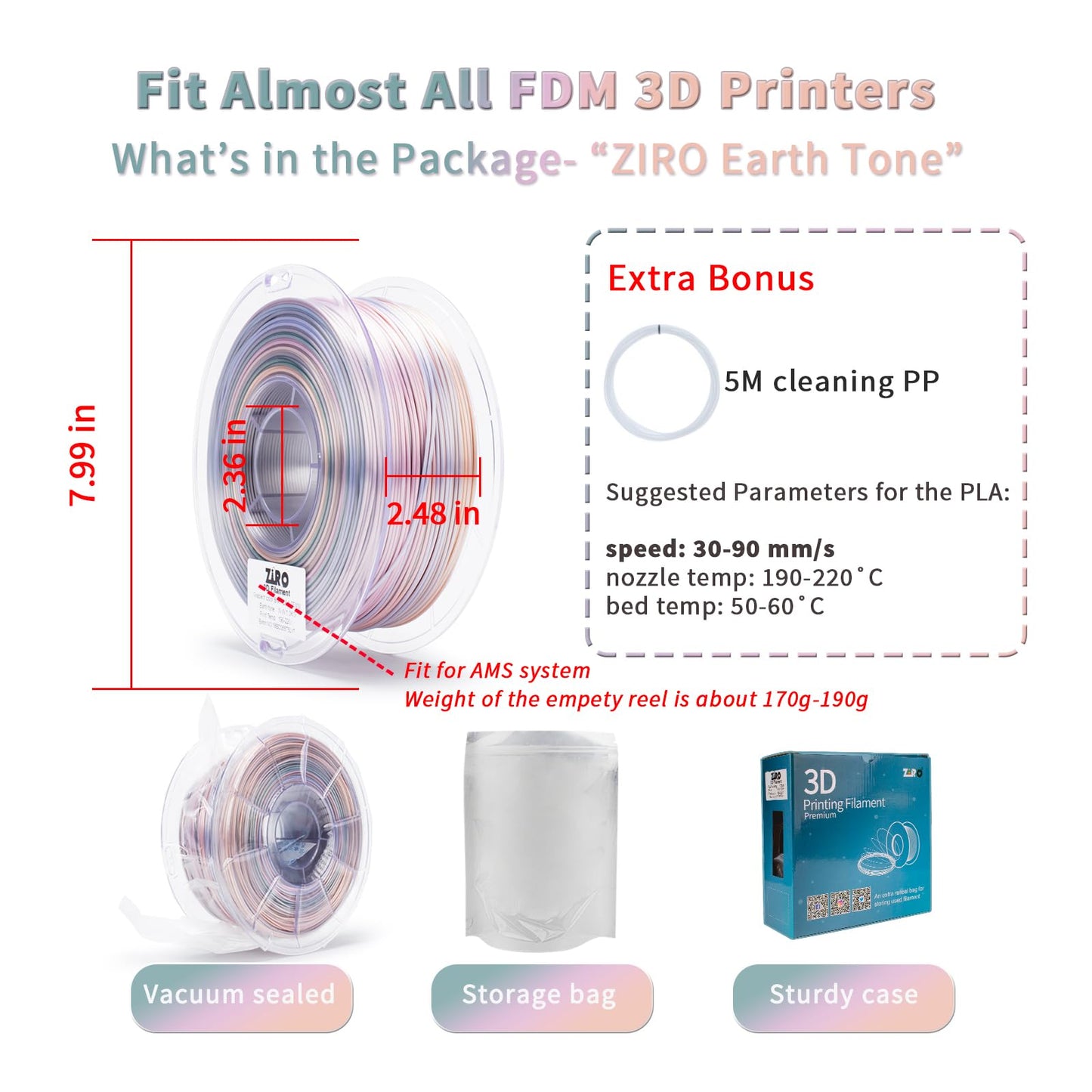 ZIRO 3D Printer Filament, Shiny PLA Fast Gradient Color Change, Glossy Color Change by Length PLA, Fit Most FDM 3D Printers, Dimensional Accuracy +/-0.03mm, 1KG/2.2lb Spool, Earth Tone(Silk)