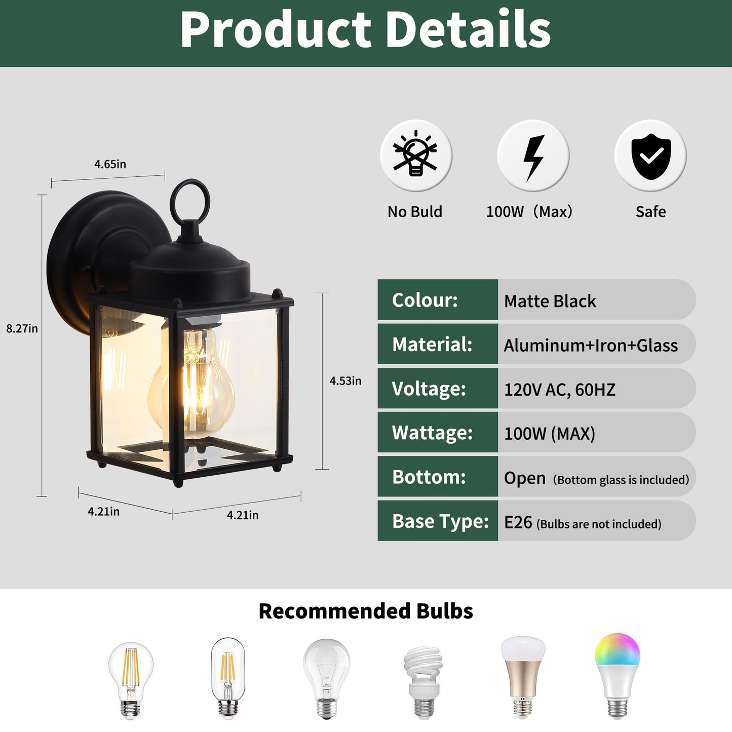 Kainozoic Outdoor Wall Light Fixtures Waterproof Matte Black Exterior Light Fixture Anti-Rust Outdoor Wall Lantern for Porch Patio Front Door Garage House