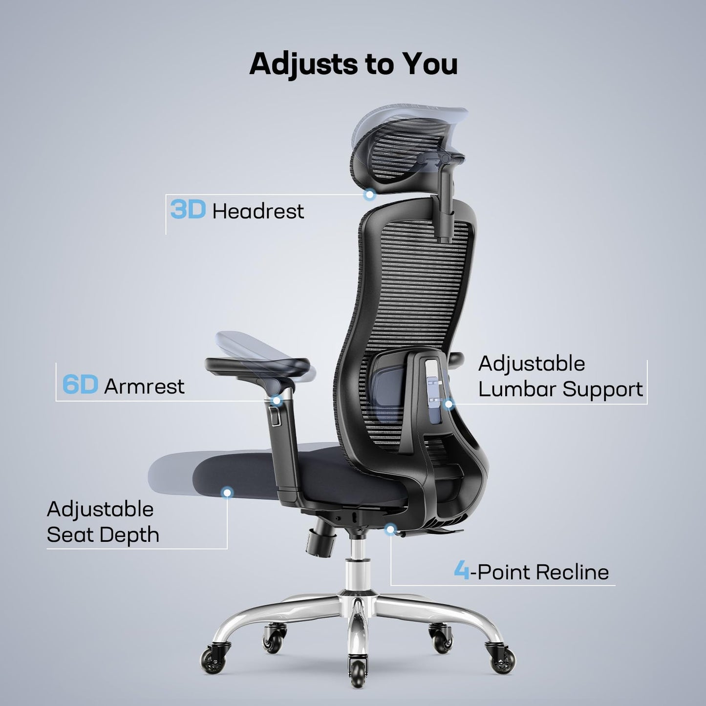 Marsail Ergonomic Office Chair with 6D Armrests, Ergonomic Chair with 3D Adjustable Headrest, Slide Seat, Lumbar Support, and 4-Position Tilt Lock – Big and Tall Office Chair with 330 lbs Capacity