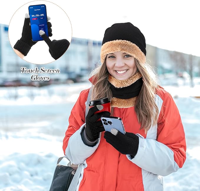 SATINIOR 5 Pcs Winter Beanie Hat Scarf Gloves Set Fleece Lined Knit Hat Warm Touch Screen Gloves Earmuff Warmer for Women(Black,Trendy Style)