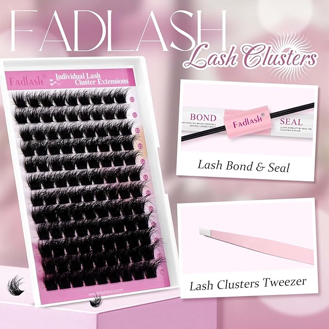 FADLASH Lash Extension Kit Lash Clusters Kit 12-18mm Eyelash Cluster Lashes Individual with Bond and Seal Lash Glue and Lash Tweezers DIY at Home (Y01-3D-12-18 Kit)