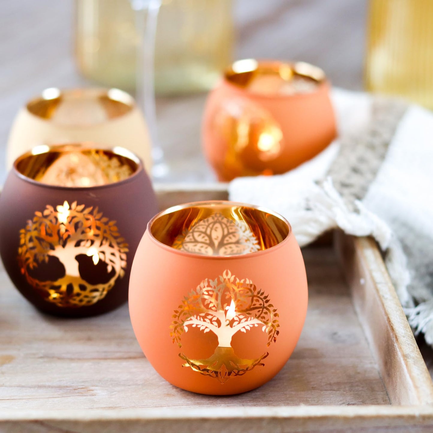 SHMILMH Fall Votive Candle Holders 6 PCS Tree of Life Glass Tea Light Candle Holders Wedding Centerpiece Decorations for Reception, Birthday Party, Bridal Shower Fall Table Decor
