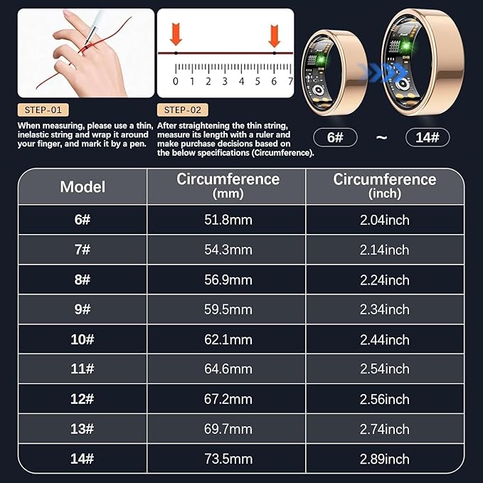 Smart Health Ring for Women Men, Fitness Tracker Ring with Heart Rate, Blood Oxygen, Sleep Tracker, Step Tracker, No Subscription Fee, IP68 Waterproof Smart Ring for iphone & Android (Rose Gold, 12#)