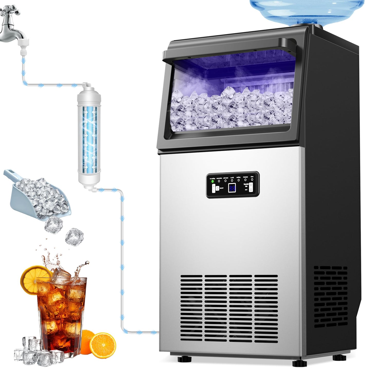 Ice Maker Commercial Ice Maker Machine 100LBS/24H with 20LBS Storage, Stainless Steel Under Counter Ice Maker 36Ice/Cycle with 2 Water Inlet Modes,Self-Cleaning for Homes,Bars,Restaurants