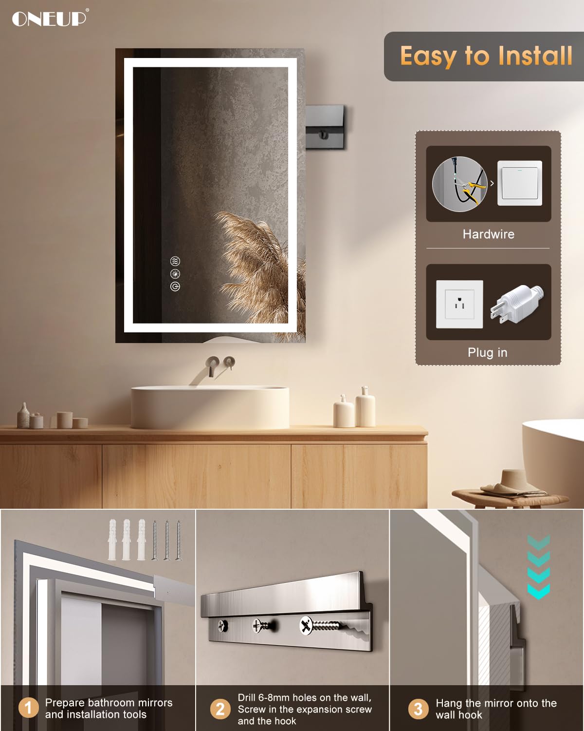 oneup 16x24''Small Bathroom Mirror with Lights,Front Lighted Bathroom Mirror for Wall,Stepless Dimmable,Anti-Fog,Modern LED Vanity Mirror,Memory,Touch Botton