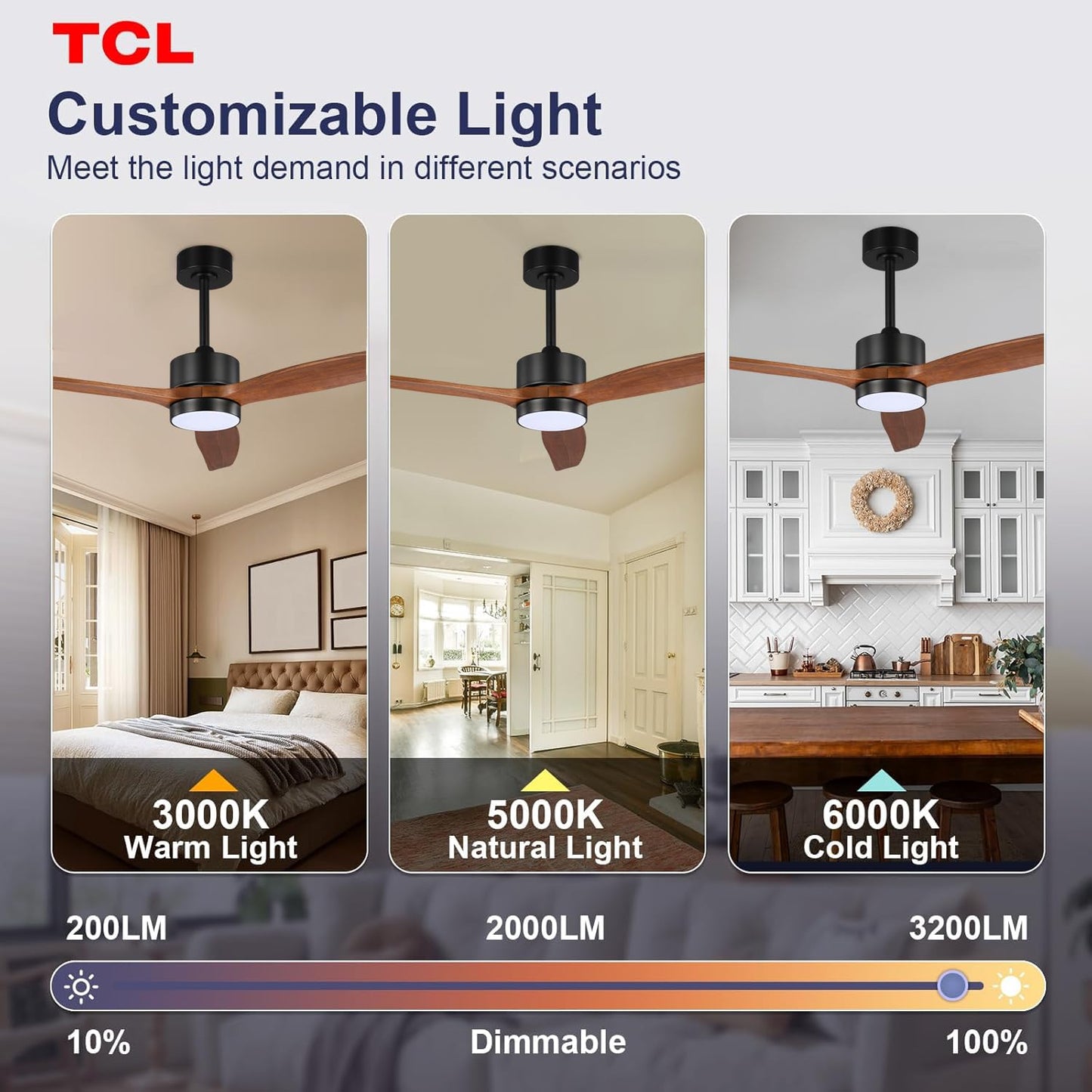 TCL Ceiling Fans with Light and Remote: 52 inch 3 Wooden Blades 3 Dimmable LED Fan for Room Indoor Modern Farmhouse Decor - 6 Speed Memory DC Reversible Fan Lights (Walnut, 52 Inch)