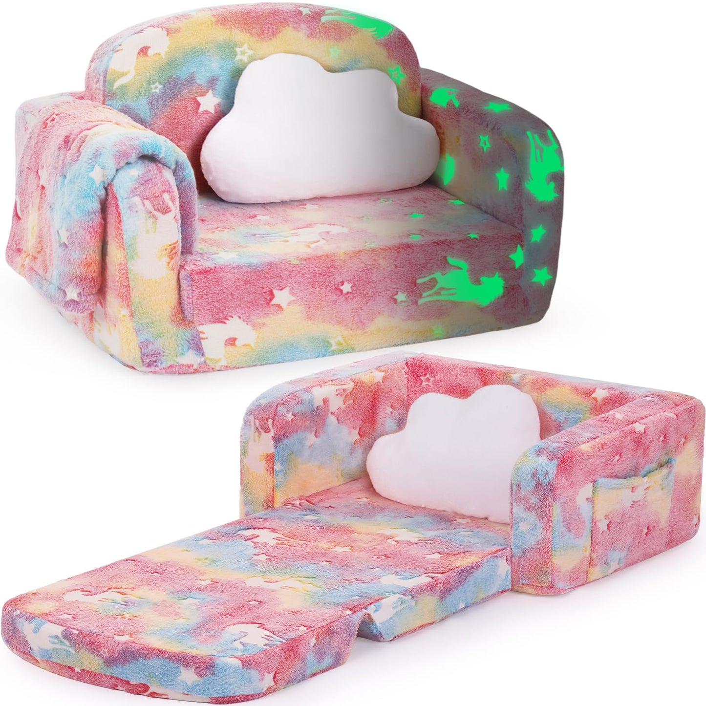 Kids Couch, 2-in-1 Soft Toddler Couch Fold Out with with Blanket and Cloud Pillow, Glow in The Dark, Toddler Chair Comfy, Convertible Sofa to Lounger, Gifts for Kids Girl Boys, Medium Pink Unicorn