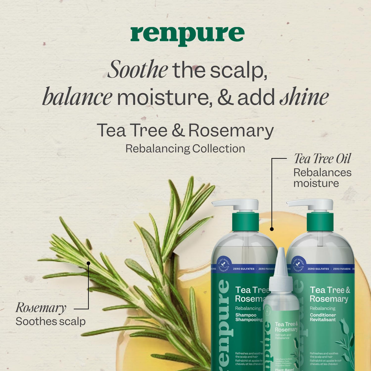 Renpure Tea Tree & Rosemary Shampoo & Conditioner Set, Plant Based - Refreshes & Rebalances Hair and Scalp - For Oily/Normal Hai