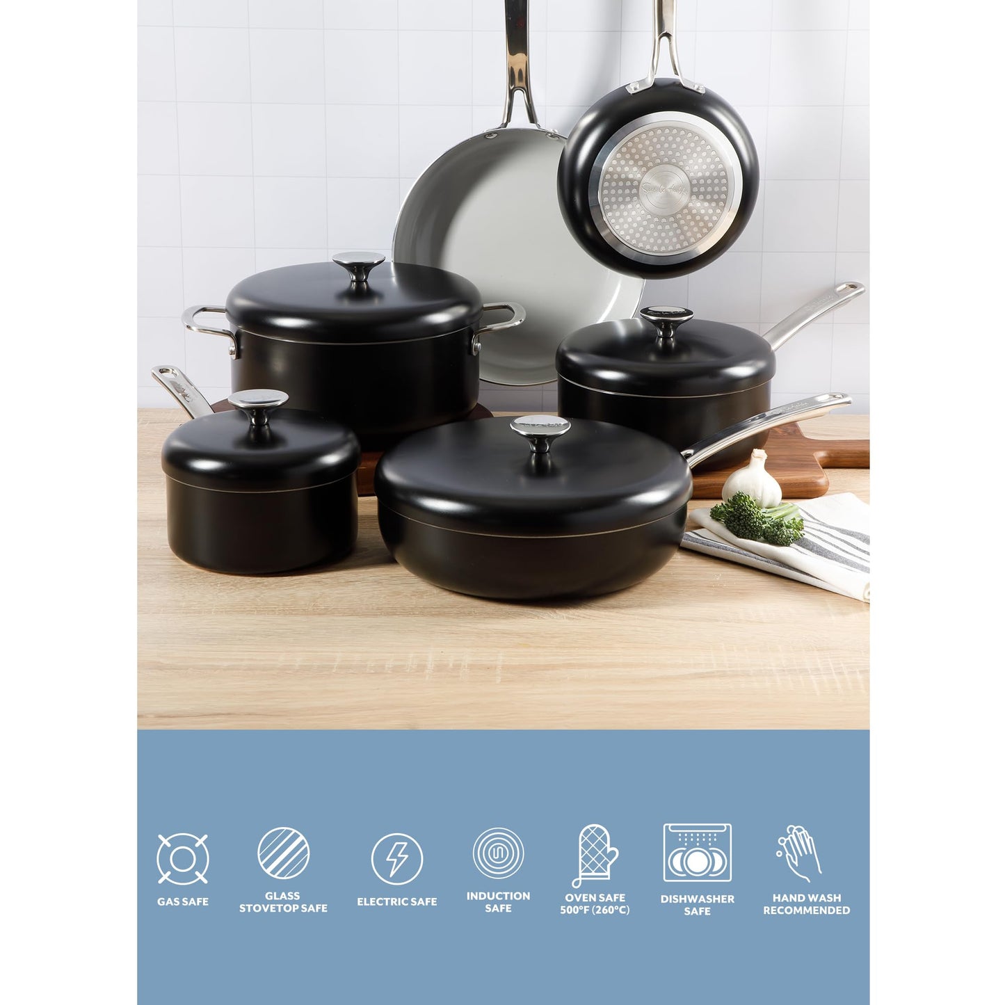 Sur La Table Kitchen Essentials Potluck Porch 10 Piece PFA Free Ceramic Non stick Interior Forged Aluminum Cookware Pots and Pans Set W/Aluminum Lids - Black - Induction Compatible