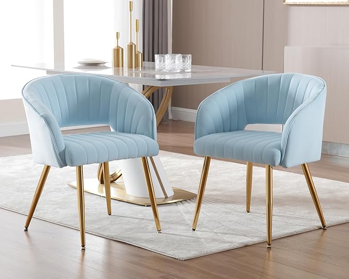 KCC Modern Accent Dining Chairs Set of 6, Velvet Dining Room Chairs with Tufted Hollow Back, Gold Metal Legs, Baby Blue