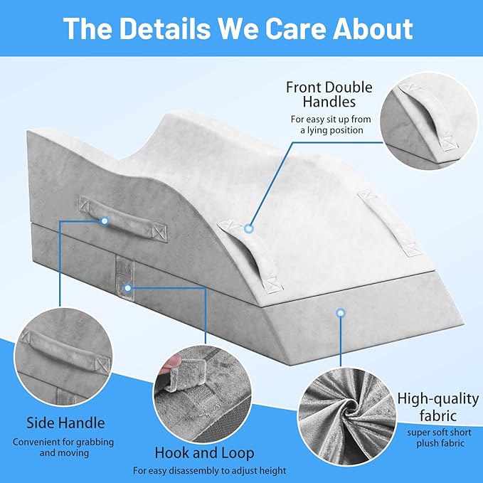 Double Leg Elevation Pillows, Wedge Pillow for After Surgery, Memory Foam Support Adjustable, Comfort Care for Back Knee Hip Ankles Pain, Knee Pillow for Sleeping Blood Circulation Light Grey & White