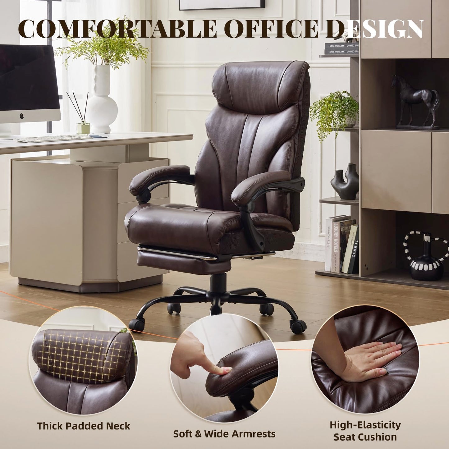 Garvee Comfortable Office Desk Chair 500 LBS, Big and Tall Office Chairs with Footrest,90-155°Recline Executive Leather Gaming Chair for Heavy People, Long Hours,Coffee