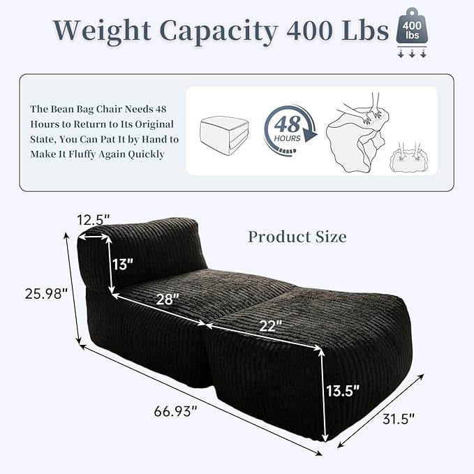 Large Memory Foam Bean Bag Chair for Adults – Big Lounger Sofa Seat for Living Room, Bedroom, or Balcony (Black)