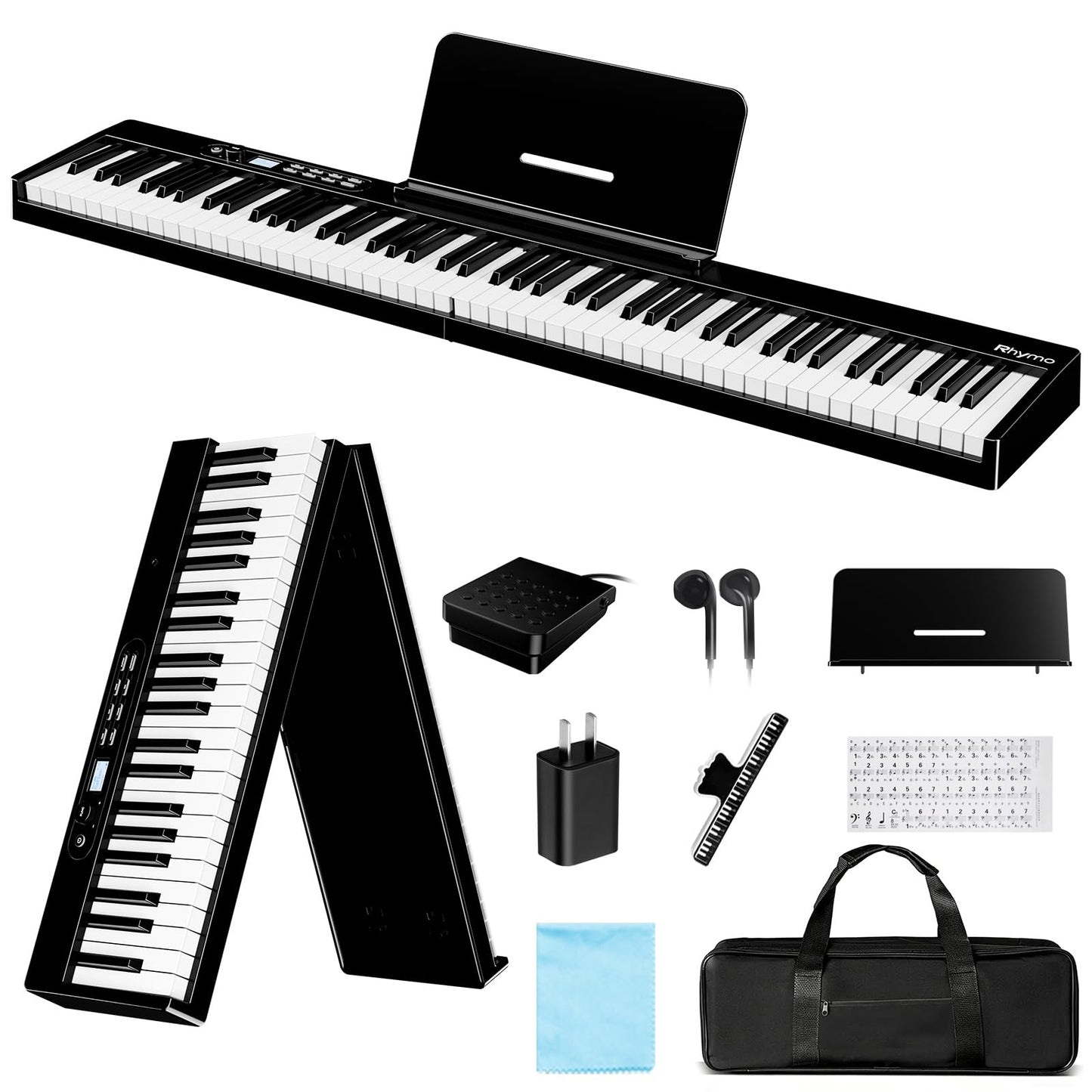 Rhymo 88 Key Portable Piano Keyboard, Semi-Weighted Folding Piano Full Size, Ultra Sound Upgrand Imitation Wood Texture Keyboard w/MIDI Bluetooth LCD Display Screen, Sustain Pedal for Beginners Adult