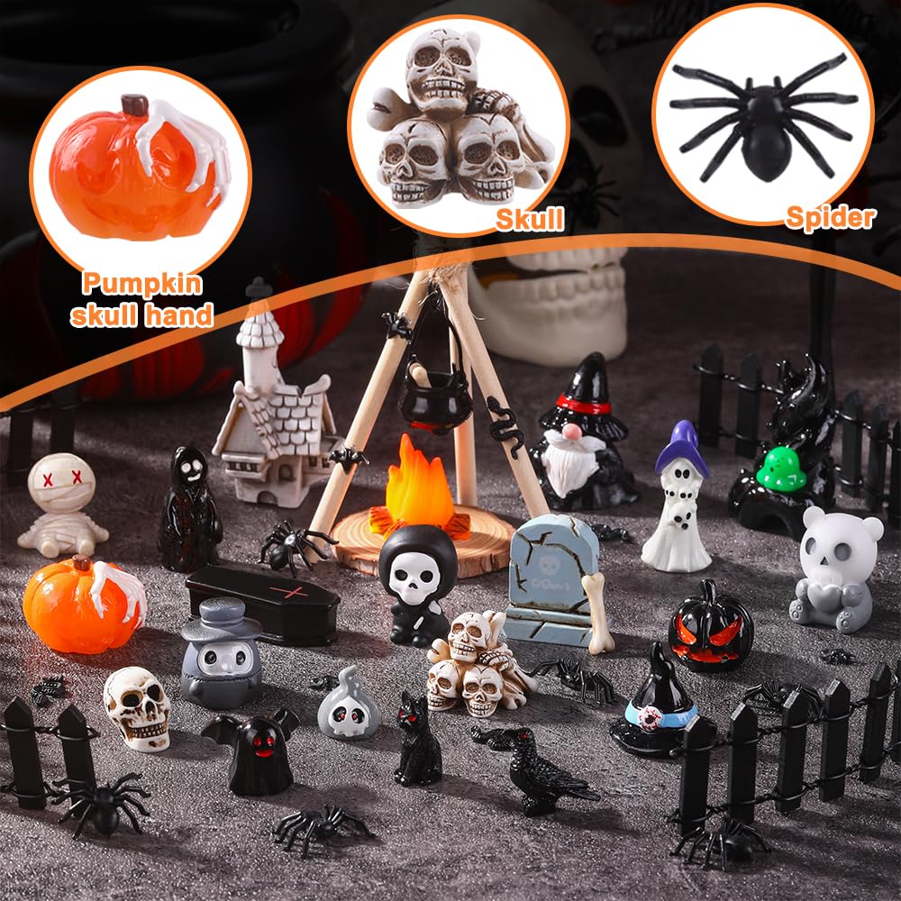 DIYDEC 54pcs Halloween Mini Resin Figures, Tiny Figurines to Hide Toys Little Small Ghost Skull Miniatures Bulk for Halloween Party Favors Bag Fillers Garden Dollhouse Decor