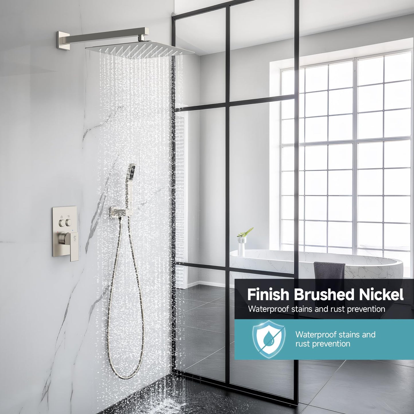 SR SUN RISE Shower System with Push Button Diverter, Wall Mounted Luxury 12 Inch Rain Shower Head with Handheld Spray, High Pressure Shower Faucet Combo Set with Rough-in Valve, Brushed Nickel