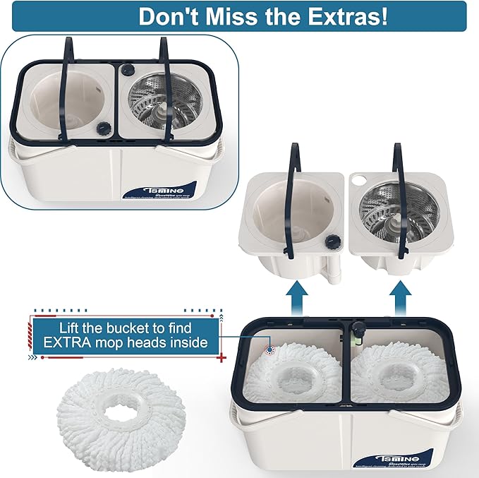 Gen 1 Large-Capacity Spin Mop and Bucket – for Big Homes & Deep Cleaning Days,4-Chamber System Separates Dirty & Clean Water, 2-GAL Heavy-Duty Design with Wheels & 10 Refill Mop Heads - White/Blue