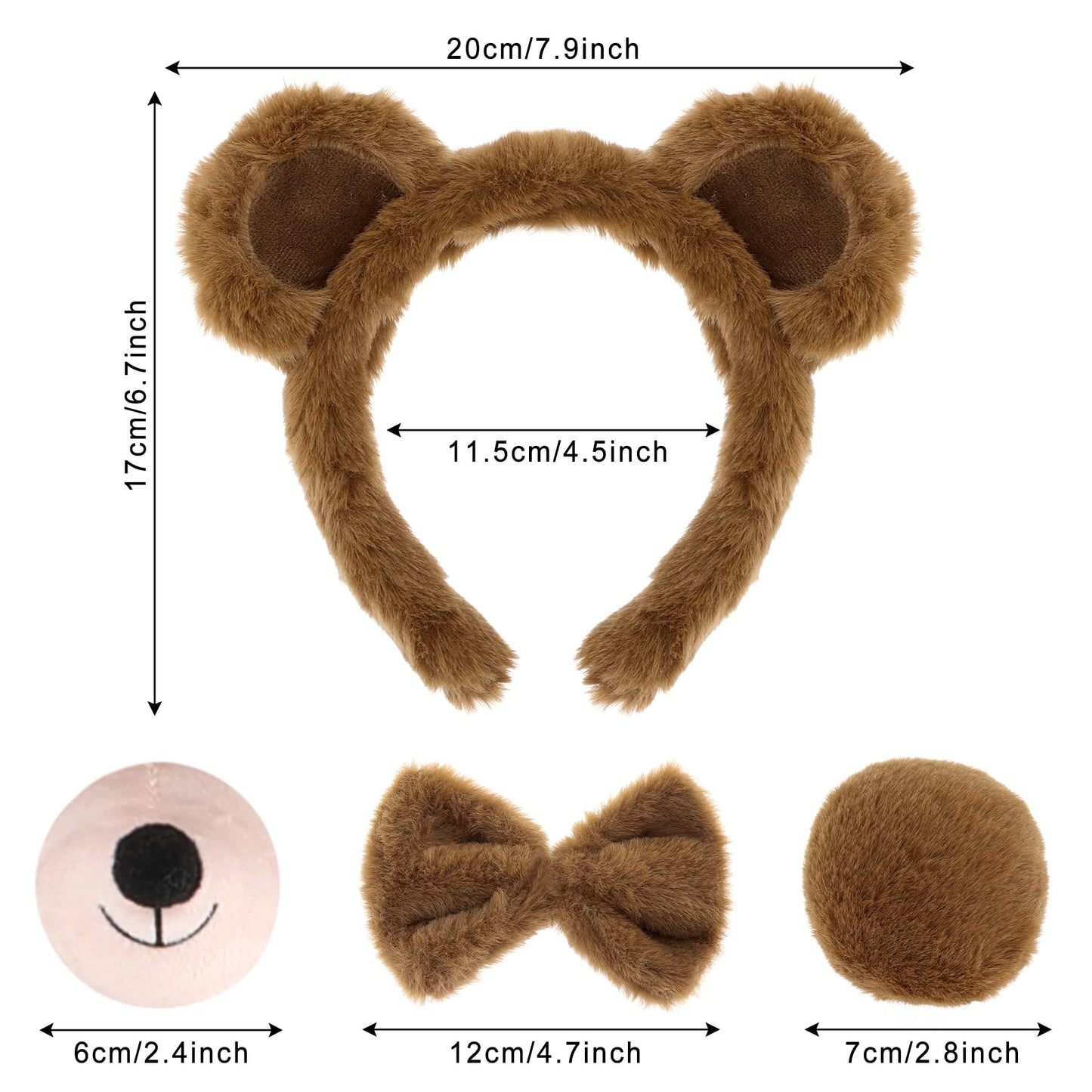 Jmkcoz 4 Pieces Bear Costume Set Bear Ears Headband and Tail Nose Bowtie for Halloween Carnival Animal Cosplay Party (Brown)
