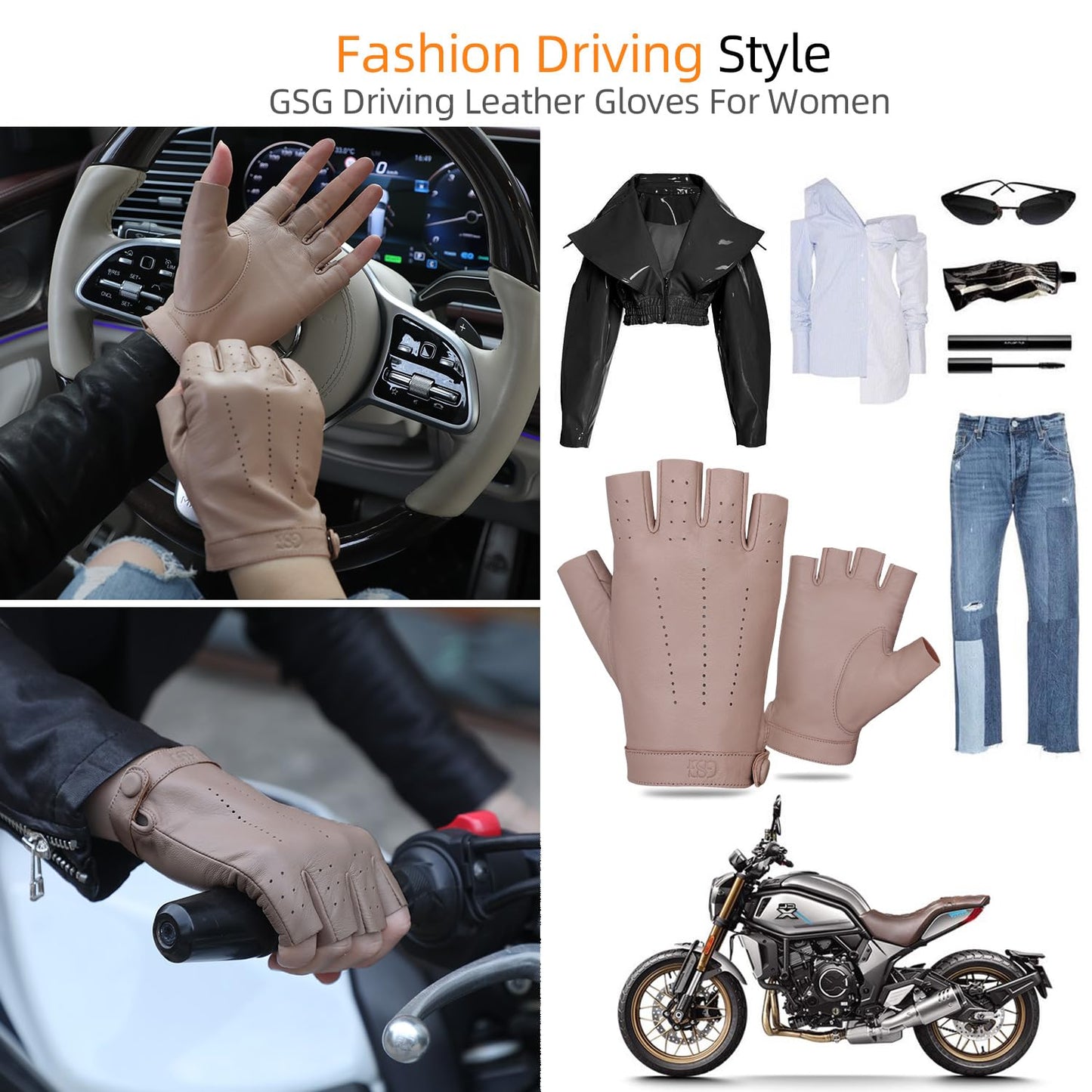 GSG Women Fingerless Sheepskin Leather Gloves & Half Finger Driving Gloves with Wrist Snap and Velvet Pouch & Soft Breathable Lambskin for Motorcycle Dance Cosplay Beige Small