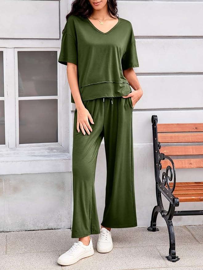 Tankaneo Womens 2 Piece Sets Casual Tracksuits Short Sleeve Tops Wide Leg Pants Outfits Lounge Sets
