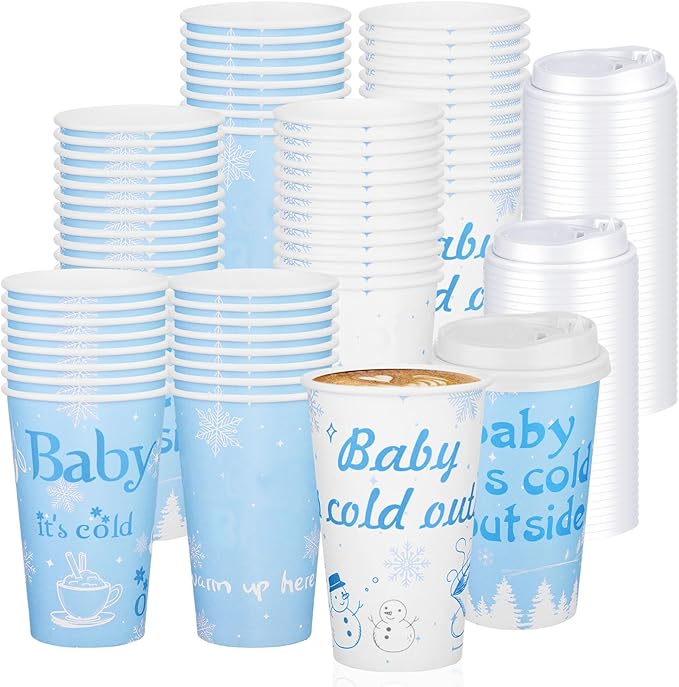 Layhit 100 Pcs 16 oz Baby It's Cold Outside Coffee Cup Hot Cocoa Bar Coffee Cup with Lids Disposable Winter Cups for Hot D...
