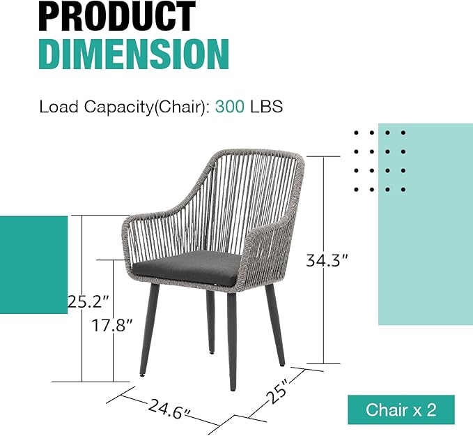 Patiorama Outdoor Dining Chairs, Patio Dining Chair Set of 2, All-Weather Woven Rope Rattan Chairs, Outdoor Dining Wicker Chairs with Armrests for Indoor Balcony Pool Backyard(Gray)
