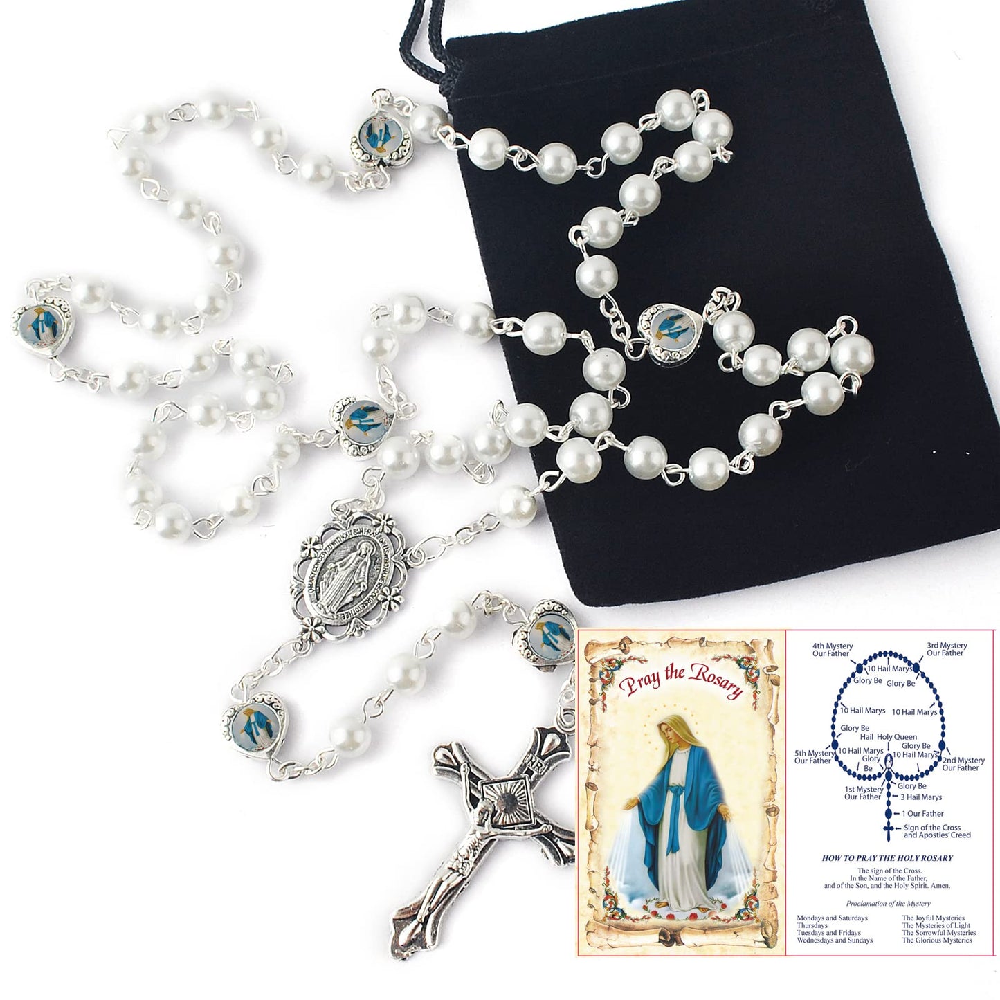 HanlinCC Glass Pearl Beads with Miraculous Epoxy Heart Metal Beads Rosary Necklace pack in Velvet Gift Bag with Rosary Pray Card