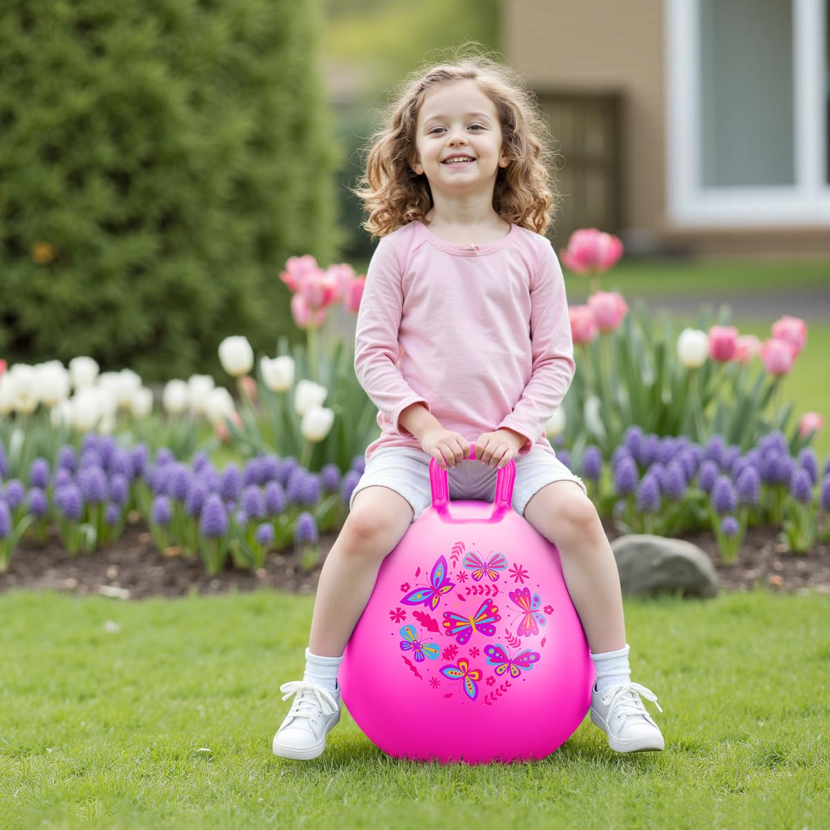 PlayZap Hopper Ball for Kids 3-8,18 Inch Pink Bouncy Ball with Handle, Inflatable Hippity Hop Bounce Hopping Toys Indoor Outdoor for Boys Girls Gifts, Butterfly