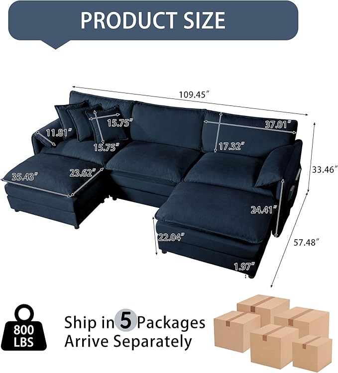 RENDGO 109" Modular Sectional Sofa with 2 Ottoman, Chenille Cloud Couch for Living Room & Apartment, Deep Seat Comfort, Flexible U-Shape Combination Sofa for Home & Office,Blue