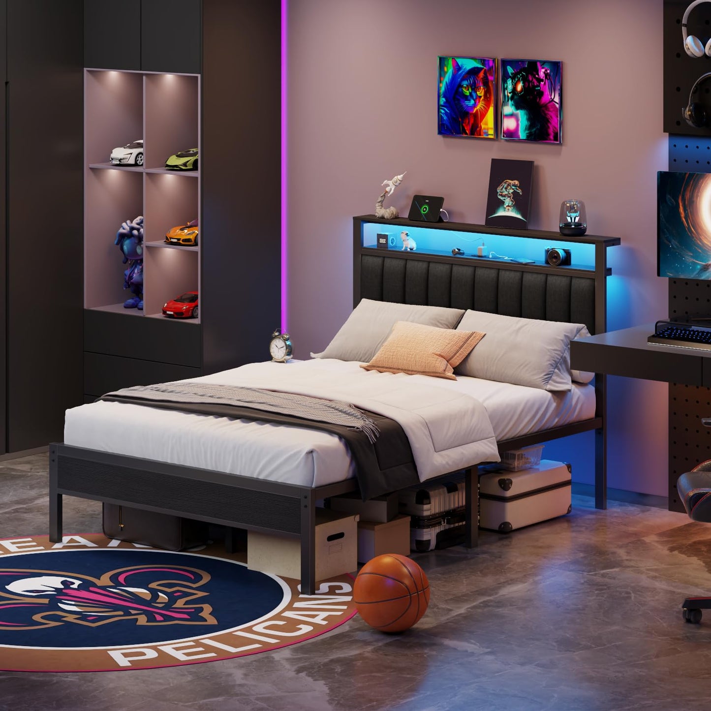 Furnulem Queen Size Bed Frame with Charging Station and LED Lights, Platform Bed with Metal Slats, Grey Upholstered Headboard with 2-Tier Storage Shelves, No Box Spring Needed