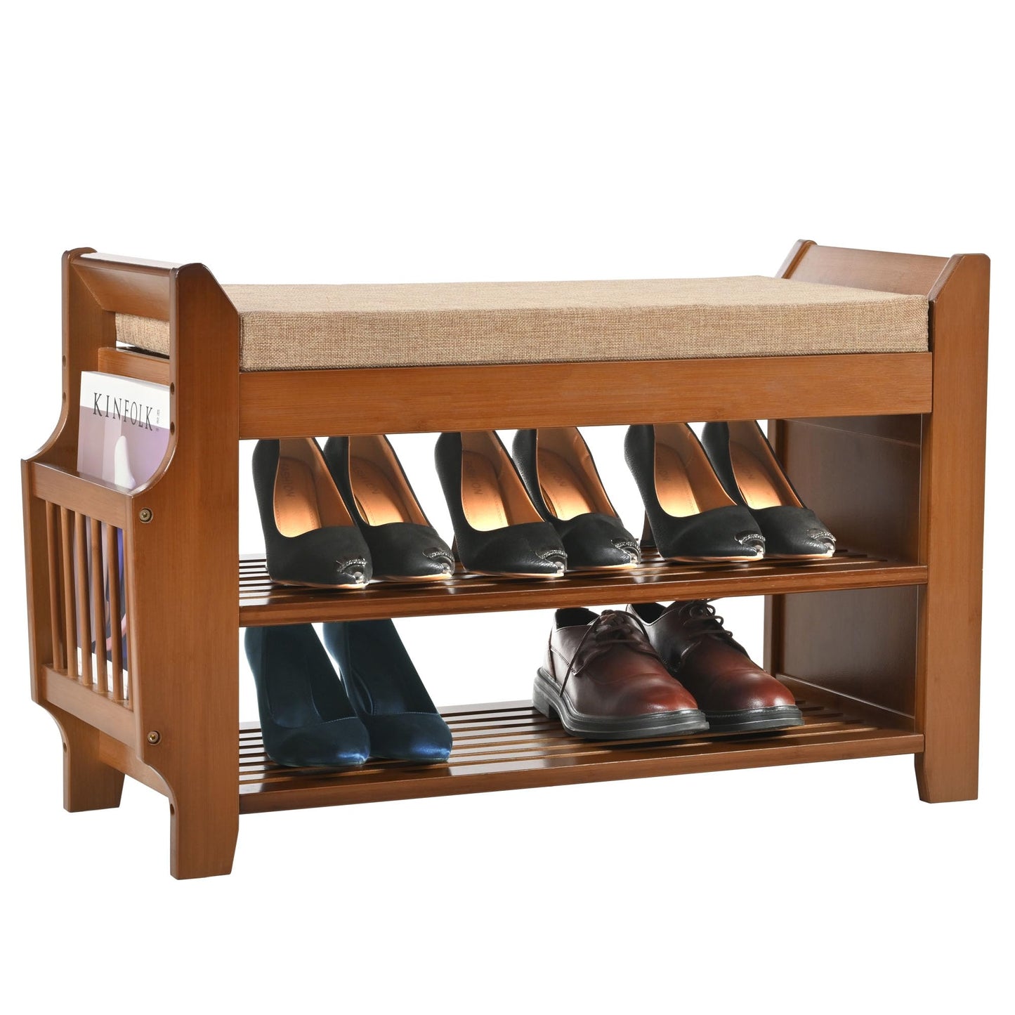 PETKABOO 2 Tier Shoe Bench, Bamboo Shoe Rack Bench, Shoe Storage Bench Organizer for Entryway Hallway Living Room