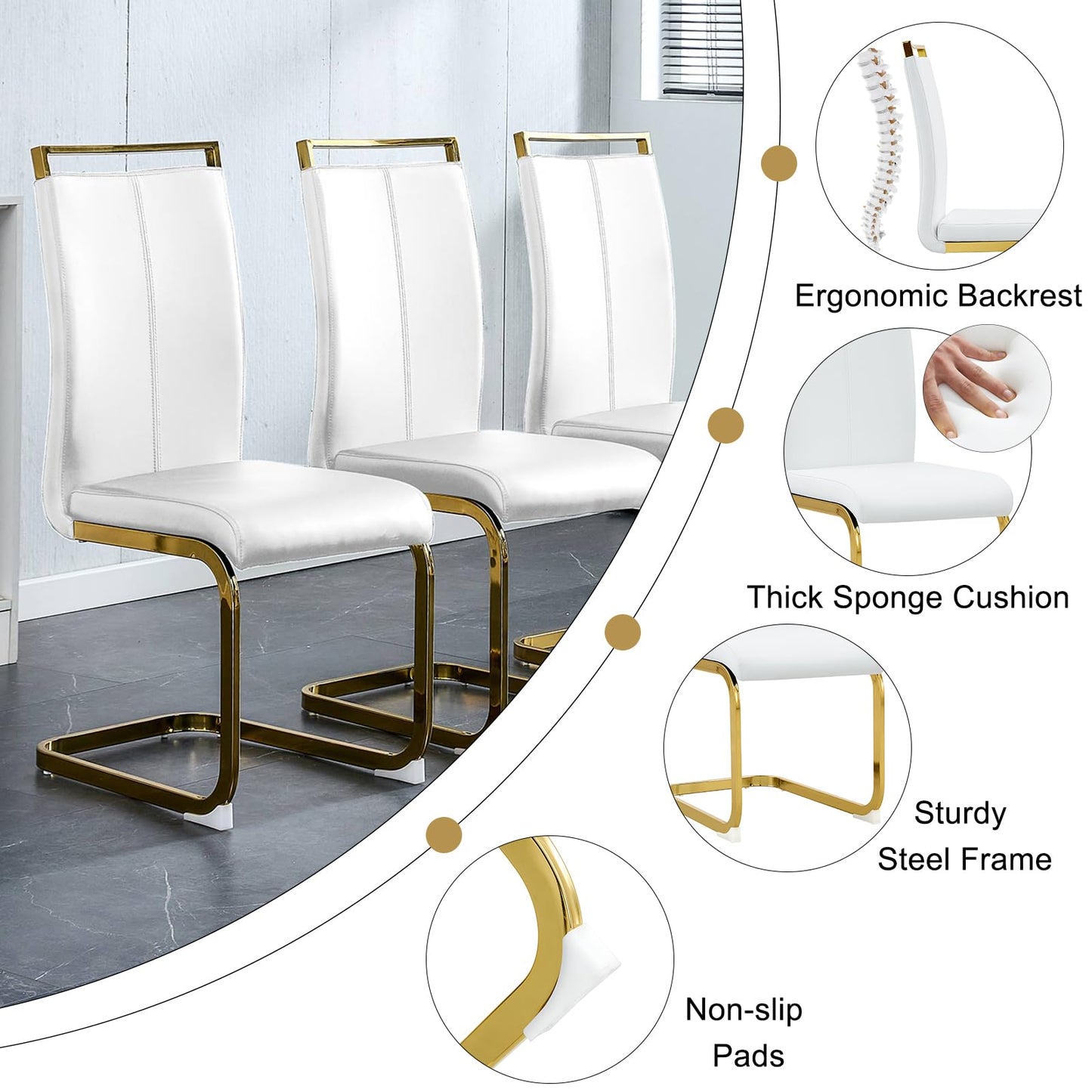 Ebullient Glass Dining Table Set for 4,5 Piece Dining Table and Chairs Set，Modern Kitchen Dining Room Table with 4 White PU Leather Dining Chairs,0.31” Tempered Glass Table Top with Gold Metal Legs
