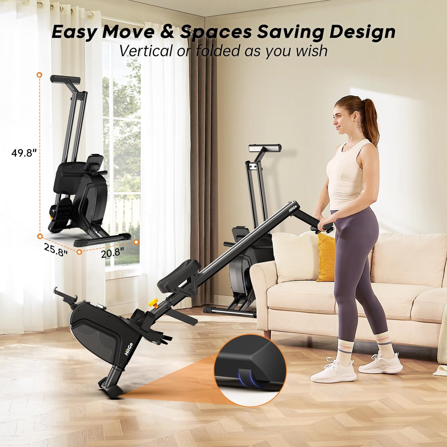 HitGo Magnetic Rowing Machine for Home Use, Foldable Rower with 32 Levels of Silent Resistance, LED Light Effects, Compact Dual Slide Rail, Max 350lb Capacity, Bluetooth & App Compatible