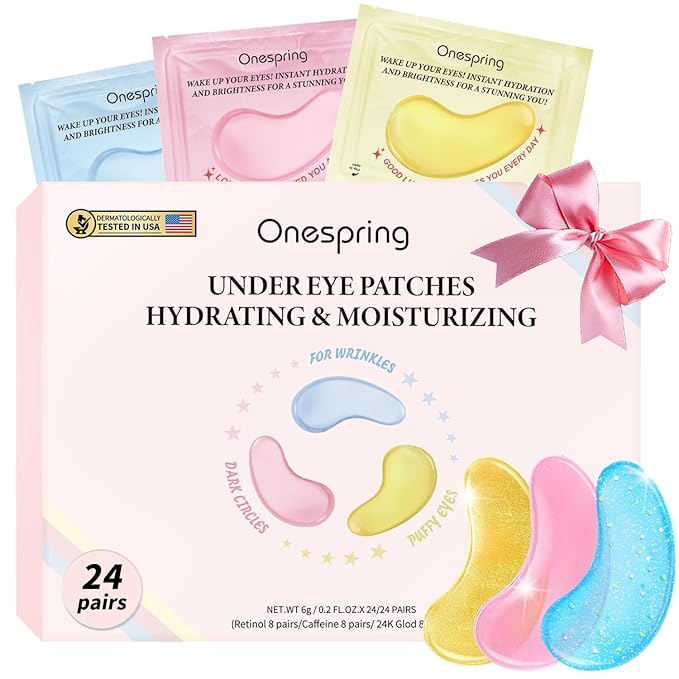 Onespring Eye Masks (24 Pairs) - Gifts for Her - Caffeine, 24K Gold and Retinol Under Eye Patches for Puffy Eyes, Dark Cir...