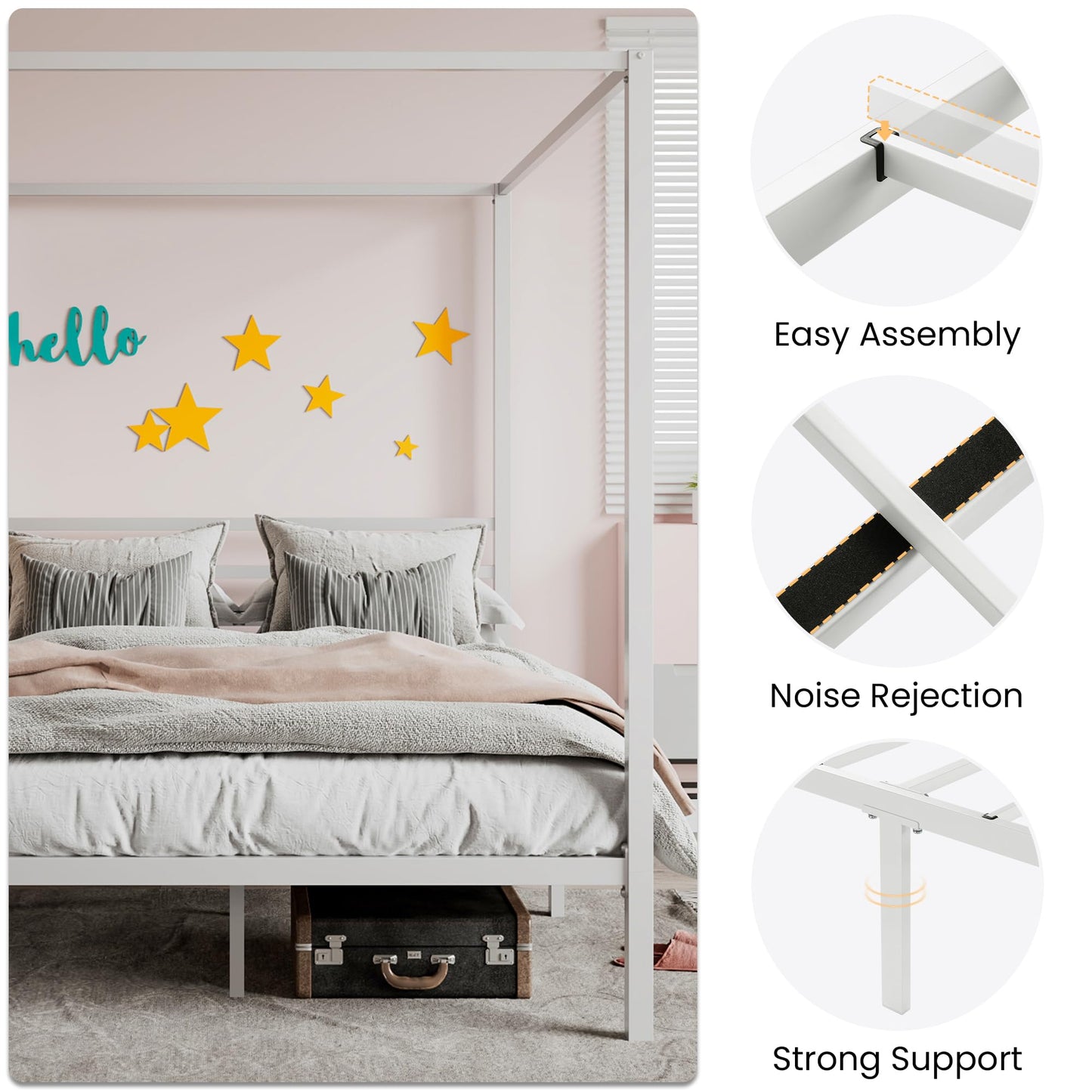 SHA CERLIN Canopy Bed Frame Full Size/Mattress Foundation with Metal Slats Support/No Box Spring Needed/Easy Assembly/White