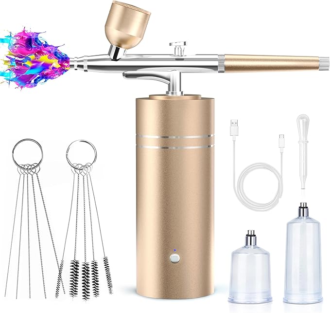 Airbrush Kit with Compressor 30PSI Portable Airbrush Gun Rechargeable Handheld Cordless Air Brush for Nails Art, Painting, Cake Decor, Cookie, Mode, Makeup, Barber (Gold)