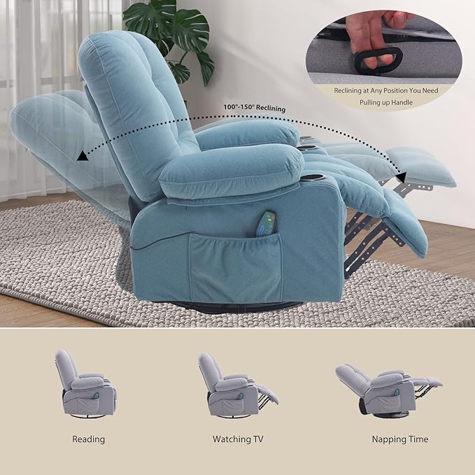 KCREAM Rocker Recliner Chair with Massage & Heat, 360° Swivel Glider Recliner with Cup Holder, Overstuffed Soft Fabric Recliner for Living Room Nursery RV, Blue