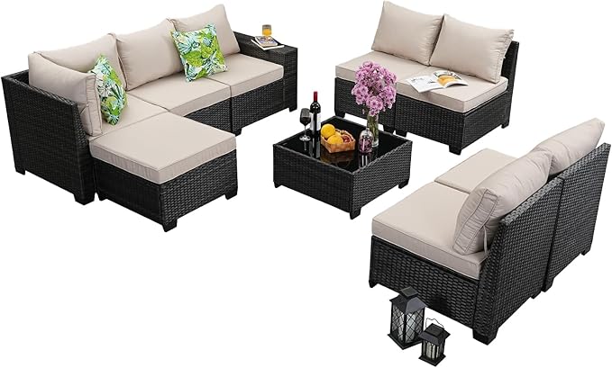 SunloungeCo 9 Pieces Outdoor Patio Furniture Set, Wicker Conversation Sets with Tea Table, Rattan Patio Sofa with Thick Cushions for Garden, Backyard Porch, Poolside,Beige