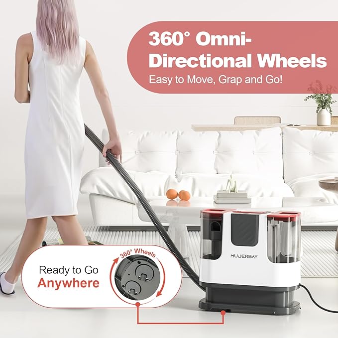 Upholstery Carpet Cleaner, MUJERBAY 12Kpa Portable Spot & Stain Cleaner Shampooer, Move with Universal Wheels & Handle, 1.18-inch Deep Cleaning Machine for Couch, Stairs, Car & Messes.Red