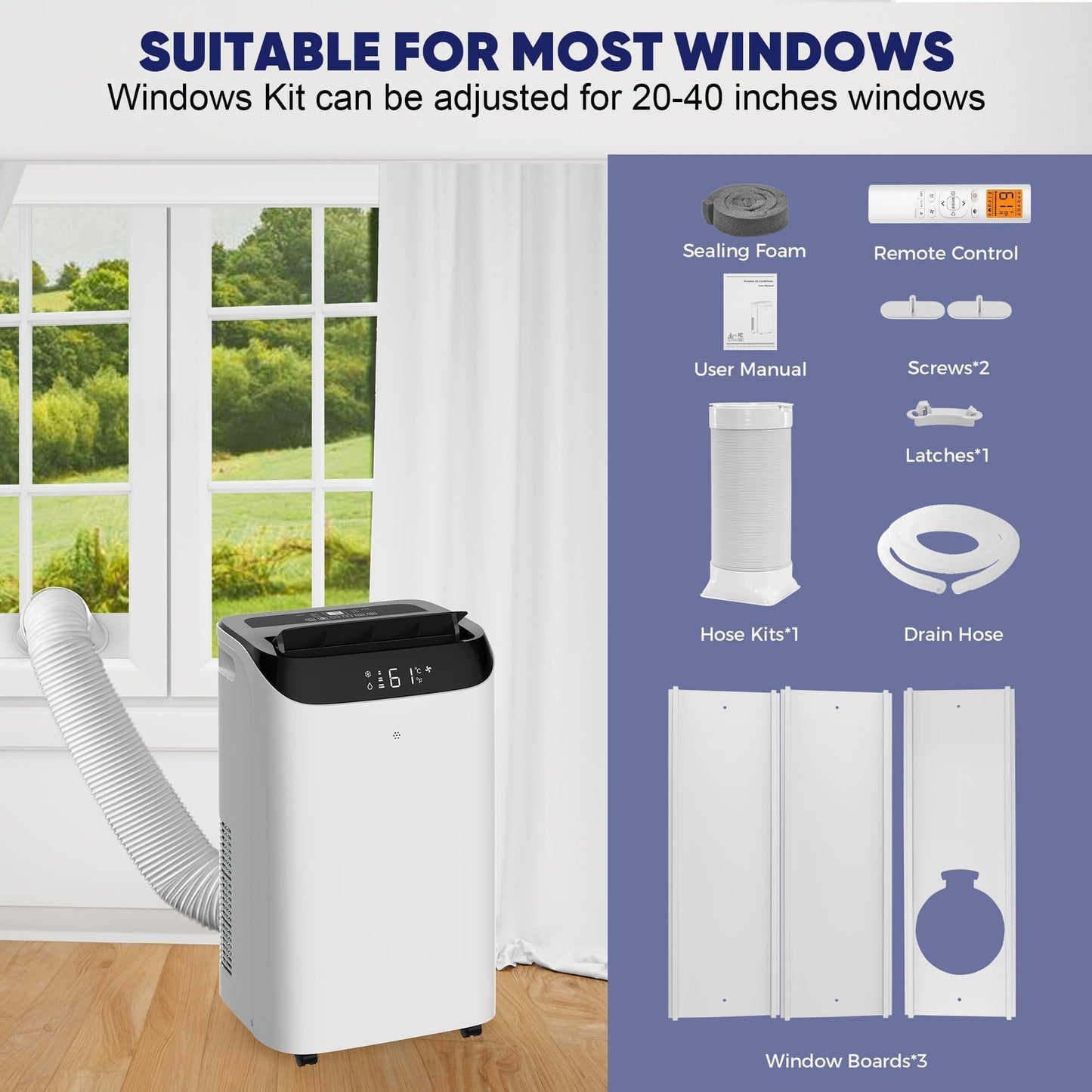 14000 BTU Portable Air Conditioners, Cools Up to 700 Sq.Ft, Free standing AC Unit, Cooling, Dehumidifier, Fan, Sleep Mode, Remote Control & Installation Kit, White