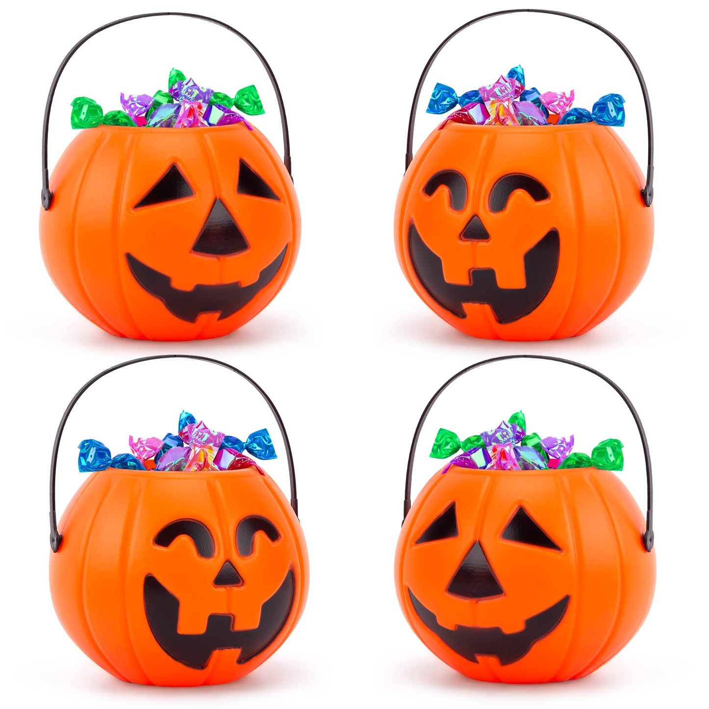 MCPINKY Halloween Pumpkin Buckets, 4PCS Portable Jack-O-Lantern Buckets with 4PCS Candle LED Lights Trick or Treat Goody for Kids Halloween Party Favors Room Decor