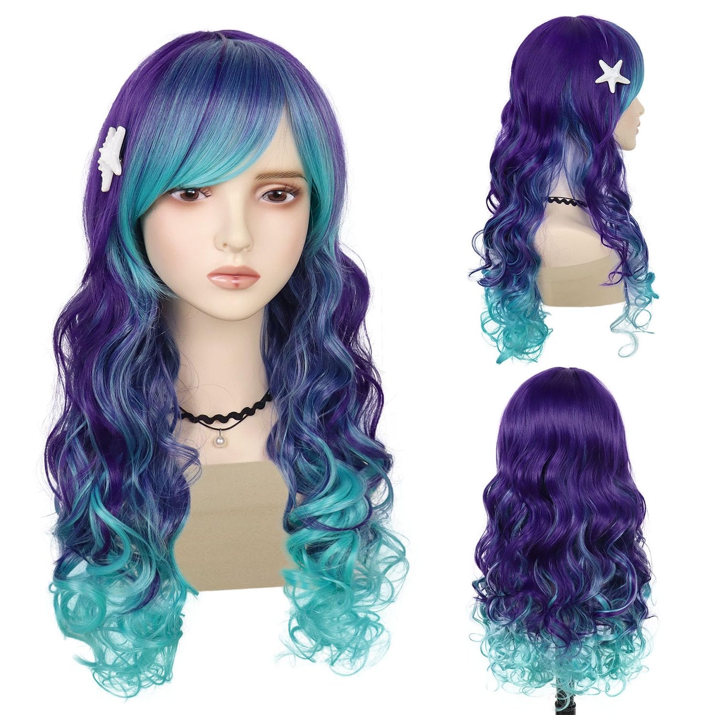 GNIMEGIL Long Wavy Costume Wig Cosplay Mermaid Wigs for Women Halloween Party Purple Mixed Turquoise Curly Wave Colorful in Heat