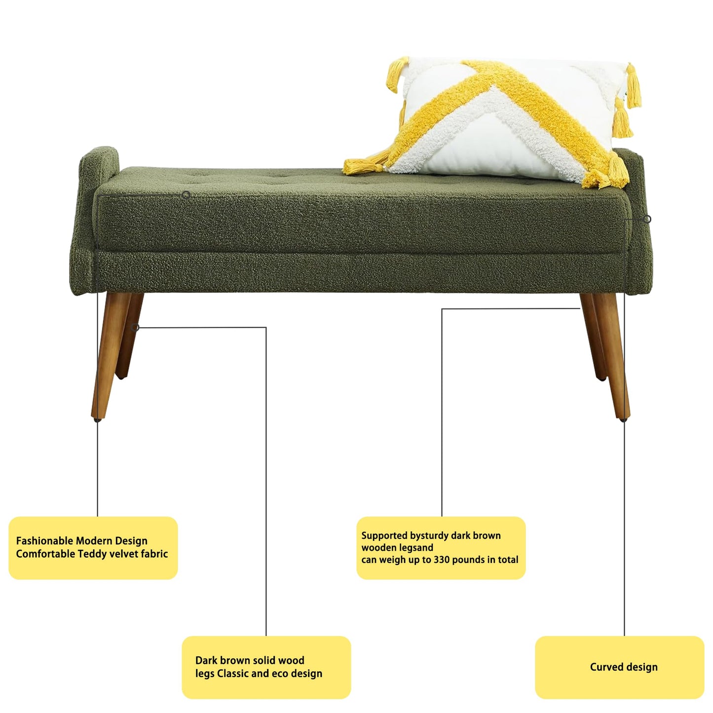 ECLYL Teddy Velvet Armrest Bench is Soft and Comfortable, with Dark Brown Wooden Legs That are Sturdy and Durable,inBedroom, Living Room, Family Room (Green)