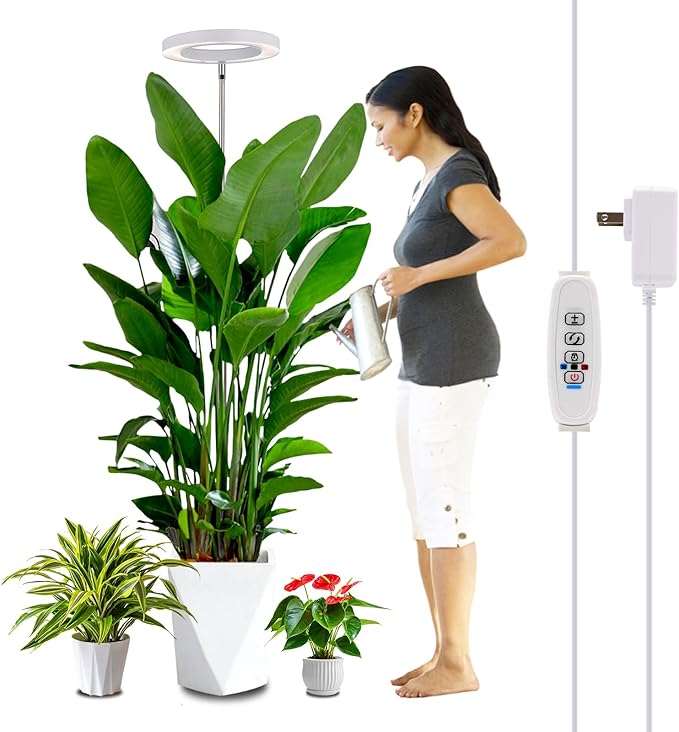 WaterRebirth 6.3 inch LED Grow Light for Indoor Plants, Full Spectrum Halo Plant Light with 3/9/12H Auto Timer, 10-Level Dimmable, Height Adjustable for Tall Plants