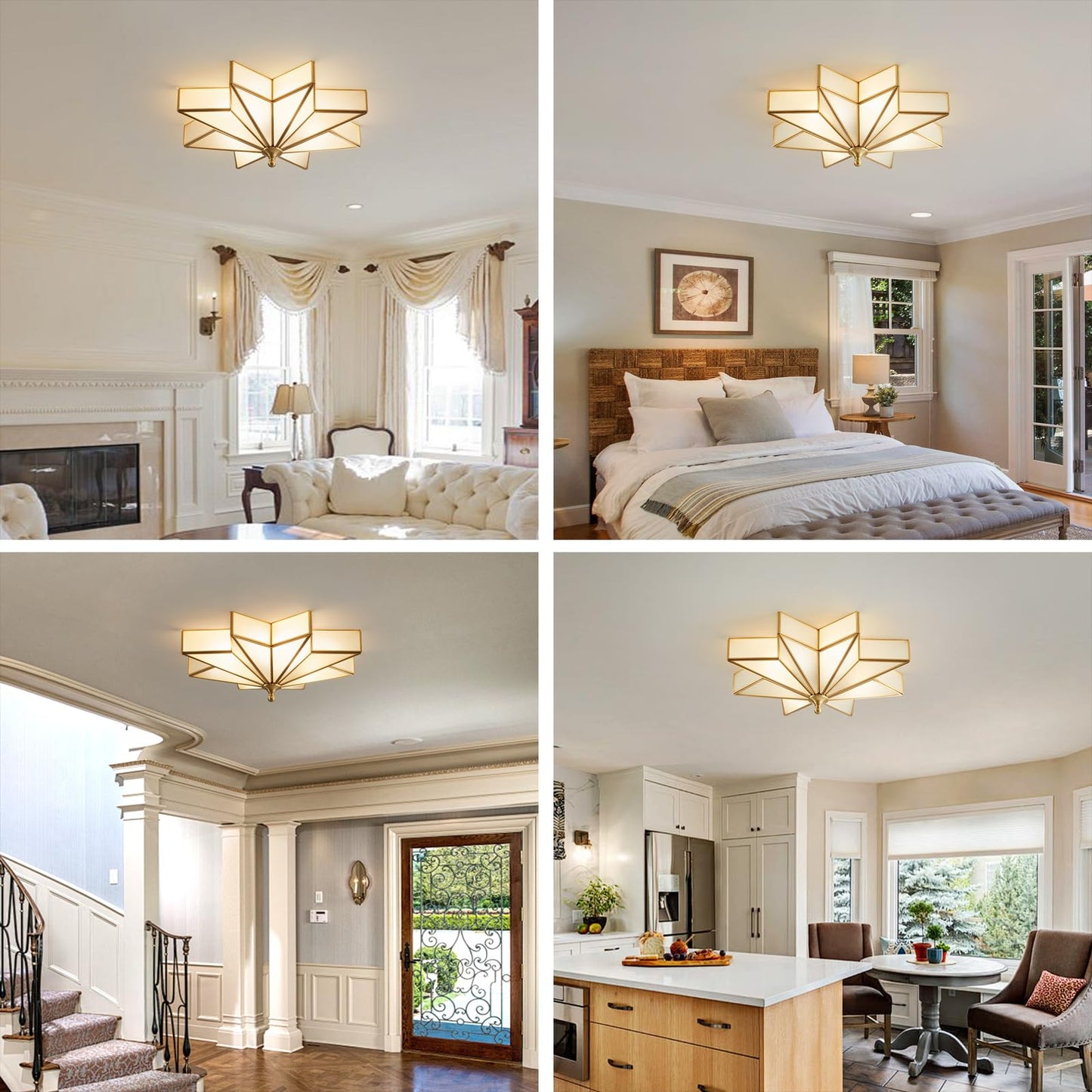 Gold Star Flush Ceiling Light - 19.5 Inch Brass Glass Large Mount Fixture - Art Deco Mid Century Vintage Modern Moravian Lighting Lights for Bedroom Dining Kitchen Foyer Farmhouse Living Room Fixtures
