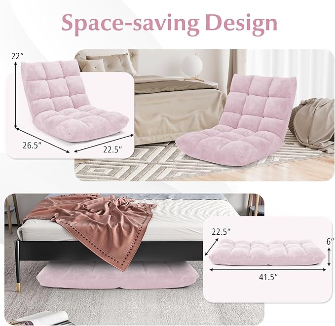 ARLIME Adjustable Floor Chair, 14-Position Lazy Sofa Chair with Back Support & Thick Padding, Portable Foldable Floor Couch for Adults, Use in Bedroom, Living Room, Home Theater (Light Pink)